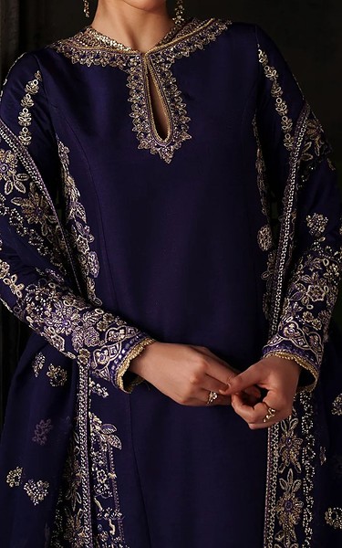 Emaan Adeel Navy Blue Raw Silk Suit | Pakistani Embroidered Chiffon Dresses USA- Image 2
