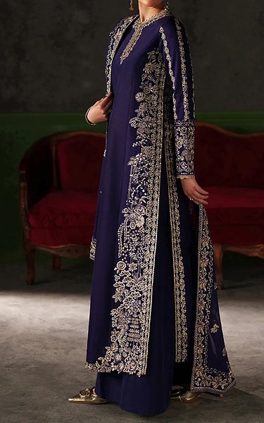 Emaan Adeel Navy Blue Raw Silk Suit | Pakistani Embroidered Chiffon Dresses USA- Image 3