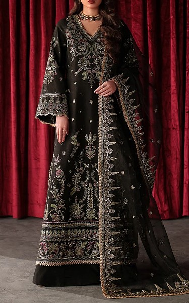 Emaan Adeel Black Raw Silk Suit | Pakistani Embroidered Chiffon Dresses USA- Image 1