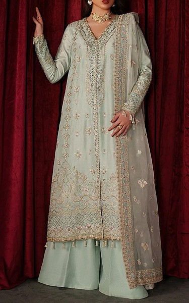 Emaan Adeel Light Turquoise Raw Silk Suit | Pakistani Embroidered Chiffon Dresses USA- Image 1