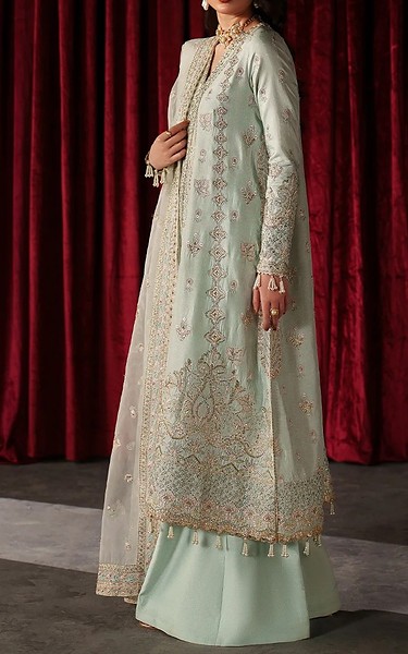 Emaan Adeel Light Turquoise Raw Silk Suit | Pakistani Embroidered Chiffon Dresses USA- Image 2