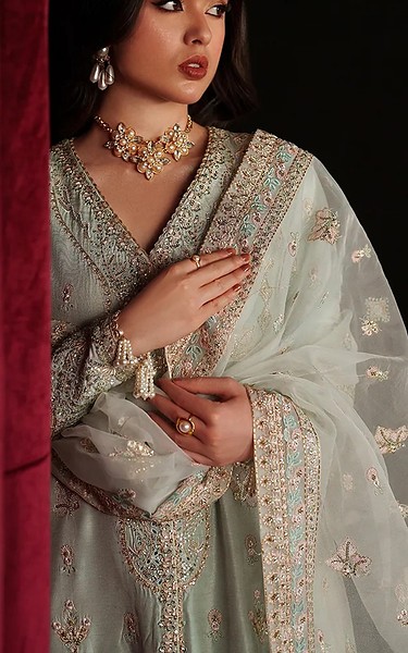 Emaan Adeel Light Turquoise Raw Silk Suit | Pakistani Embroidered Chiffon Dresses USA- Image 3