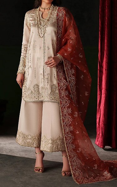 Emaan Adeel Ivory Raw Silk Suit | Pakistani Embroidered Chiffon Dresses USA- Image 1