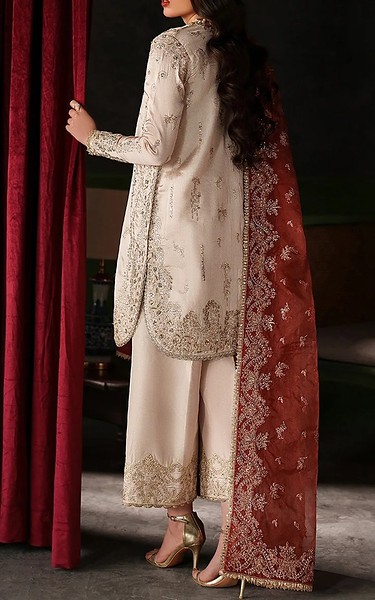 Emaan Adeel Ivory Raw Silk Suit | Pakistani Embroidered Chiffon Dresses USA- Image 2