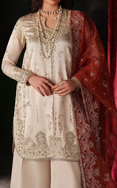 Emaan Adeel Ivory Raw Silk Suit | Pakistani Embroidered Chiffon Dresses USA- Image 3
