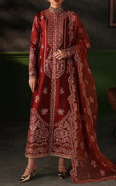 Emaan Adeel Wine Raw Silk Suit | Pakistani Embroidered Chiffon Dresses USA- Image 1