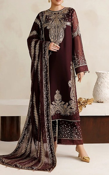 Farasha Wine Berry Chiffon Suit | Pakistani Embroidered Chiffon Dresses USA- Image 1