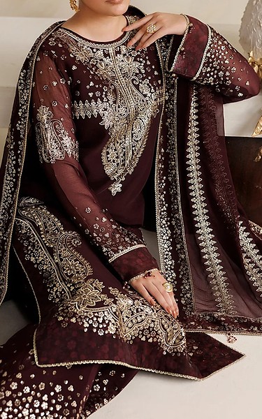 Farasha Wine Berry Chiffon Suit | Pakistani Embroidered Chiffon Dresses USA- Image 3