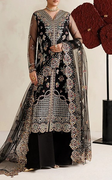 Farasha Black Net Suit | Pakistani Embroidered Chiffon Dresses USA- Image 2