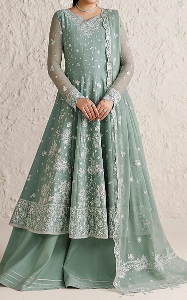 Farasha Spanish Green Chiffon Suit | Pakistani Embroidered Chiffon Dresses USA- Image 2