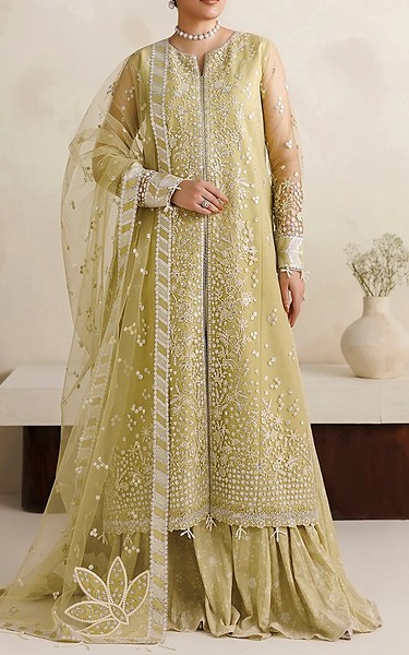 Farasha Light Olive Net Suit | Pakistani Embroidered Chiffon Dresses USA- Image 1