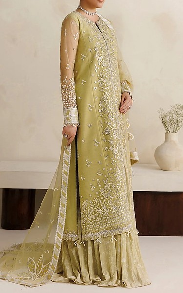 Farasha Light Olive Net Suit | Pakistani Embroidered Chiffon Dresses USA- Image 2