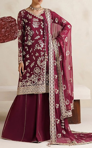 Farasha Wine Berry Chiffon Suit | Pakistani Embroidered Chiffon Dresses USA- Image 1