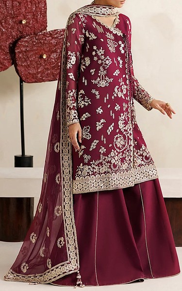 Farasha Wine Berry Chiffon Suit | Pakistani Embroidered Chiffon Dresses USA- Image 2