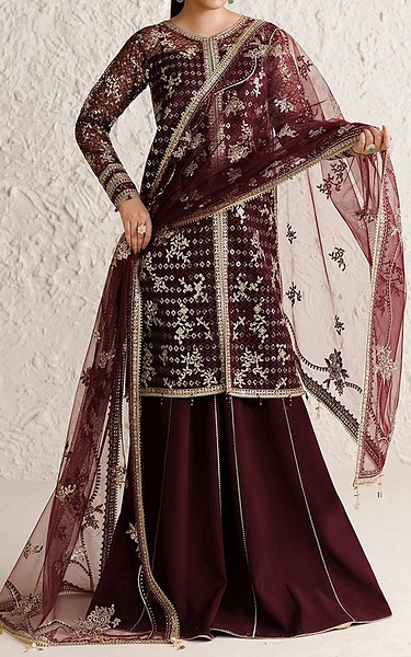 Farasha Wine Berry Net Suit | Pakistani Embroidered Chiffon Dresses USA- Image 1