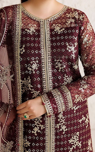 Farasha Wine Berry Net Suit | Pakistani Embroidered Chiffon Dresses USA- Image 2