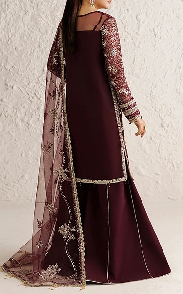 Farasha Wine Berry Net Suit | Pakistani Embroidered Chiffon Dresses USA- Image 3