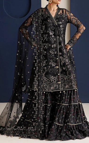 Farasha Black Net Suit | Pakistani Embroidered Chiffon Dresses USA- Image 1