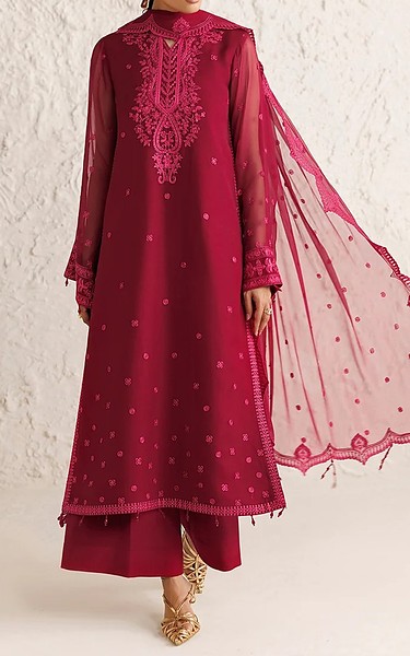 Farasha Deep Carmine Chiffon Suit | Pakistani Embroidered Chiffon Dresses USA- Image 1