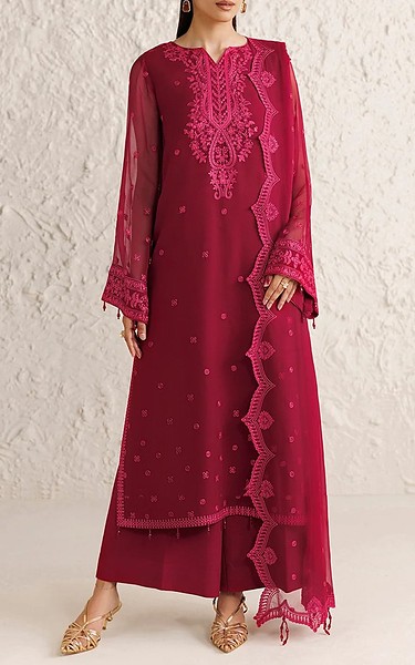Farasha Deep Carmine Chiffon Suit | Pakistani Embroidered Chiffon Dresses USA- Image 2