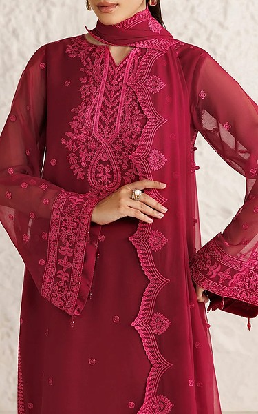 Farasha Deep Carmine Chiffon Suit | Pakistani Embroidered Chiffon Dresses USA- Image 3