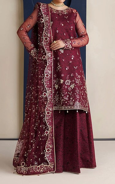 Farasha Wine Berry Net Suit | Pakistani Embroidered Chiffon Dresses USA- Image 1