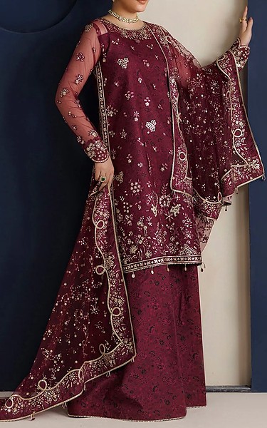 Farasha Wine Berry Net Suit | Pakistani Embroidered Chiffon Dresses USA- Image 2