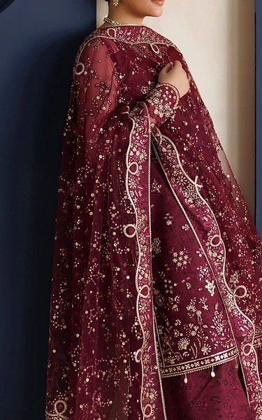 Farasha Wine Berry Net Suit | Pakistani Embroidered Chiffon Dresses USA- Image 3