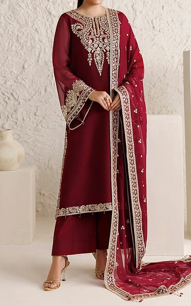Farasha Maroon Chiffon Suit | Pakistani Embroidered Chiffon Dresses USA- Image 1