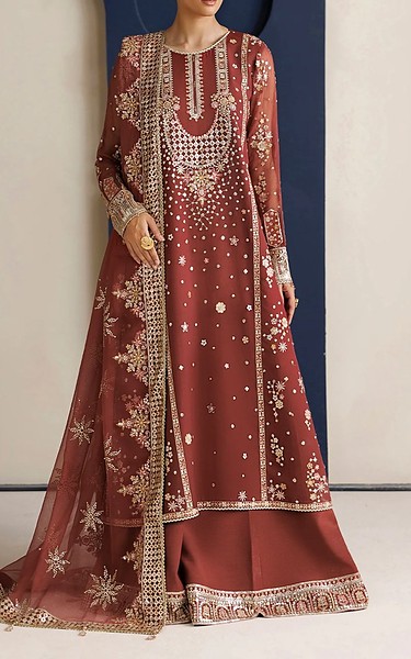 Farasha Sanguine Brown Chiffon Suit | Pakistani Embroidered Chiffon Dresses USA- Image 1