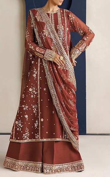Farasha Sanguine Brown Chiffon Suit | Pakistani Embroidered Chiffon Dresses USA- Image 2