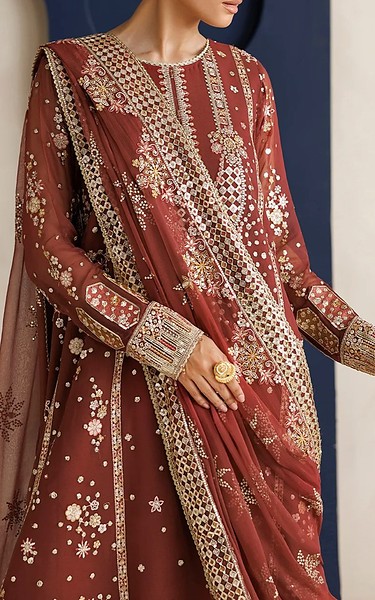 Farasha Sanguine Brown Chiffon Suit | Pakistani Embroidered Chiffon Dresses USA- Image 3