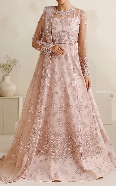 Farasha Oyster Pink Net Suit | Pakistani Embroidered Chiffon Dresses USA- Image 1