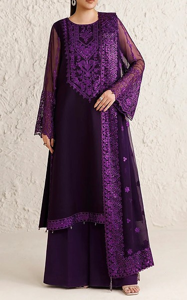Farasha Dark Purple Chiffon Suit | Pakistani Embroidered Chiffon Dresses USA- Image 1