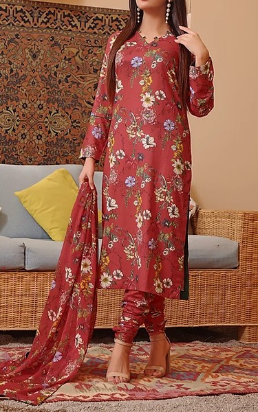 Feathers Dull Red Lawn Suit | Pakistani Lawn Dress in USA- Image 1