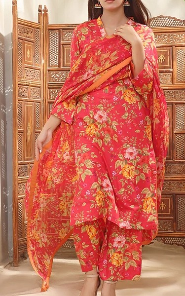 Feathers Radical Red Suit | Pakistani Lawn Dress in USA- Image 1