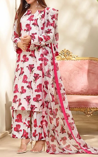 Feathers White/Pink Lawn Suit | Pakistani Lawn Dress in USA- Image 1