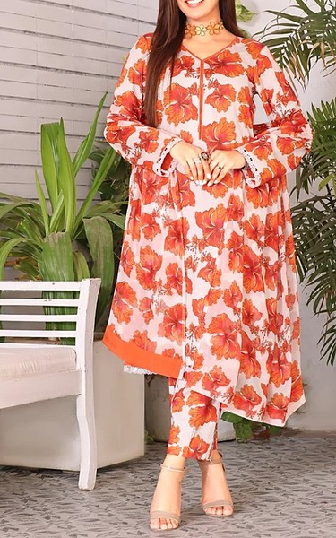 Feathers Off White/Bright Orange Suit | Pakistani Lawn Dress in USA- Image 1