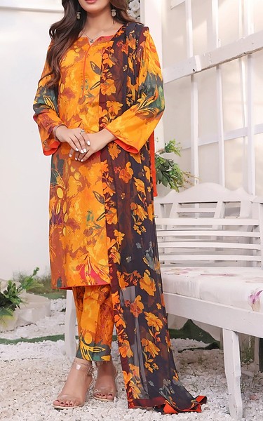 Feathers Orange Lawn Suit | Pakistani Lawn Dress in USA- Image 1