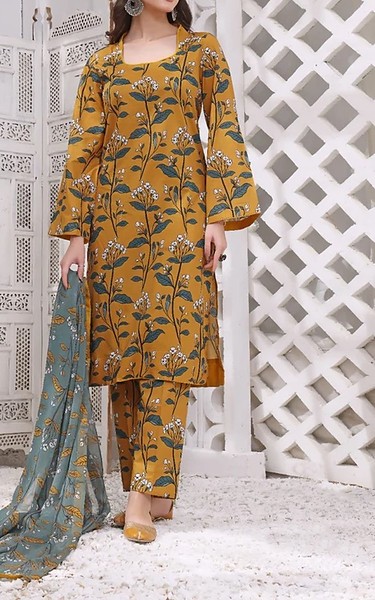 Feathers Dark Mustard Lawn Suit | Pakistani Lawn Dress in USA- Image 1