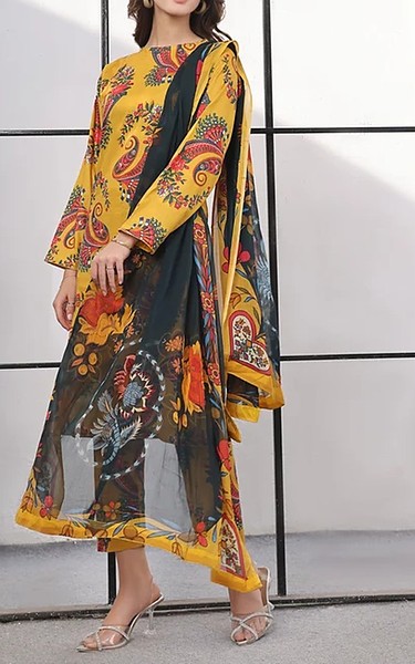 Feathers Mustard Lawn Suit | Pakistani Lawn Dress in USA- Image 1