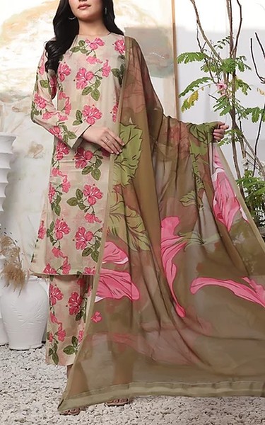 Feathers Beige Lawn Suit | Pakistani Lawn Dress in USA- Image 1