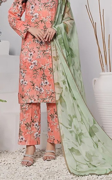 Feathers Peachy Pink Lawn Suit | Pakistani Lawn Dress in USA- Image 1