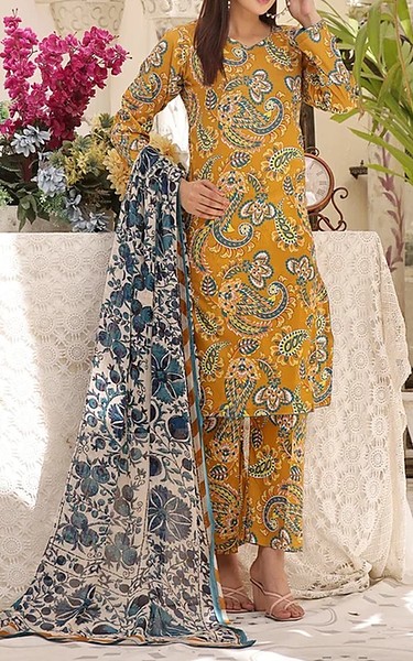Feathers Mustard Lawn Suit | Pakistani Lawn Dress in USA- Image 1