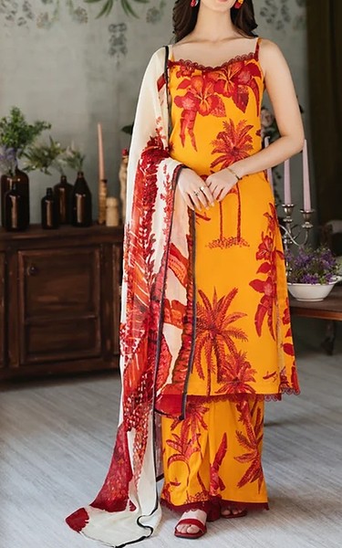 Feathers Orange Lawn Suit | Pakistani Lawn Dress in USA- Image 1