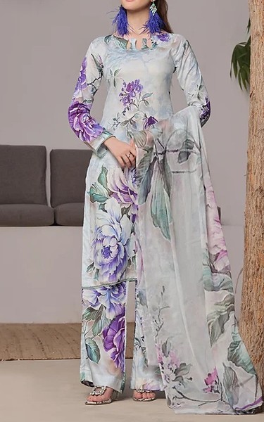 Feathers Sea Mist/Purple Lawn Suit | Pakistani Lawn Dress in USA- Image 1