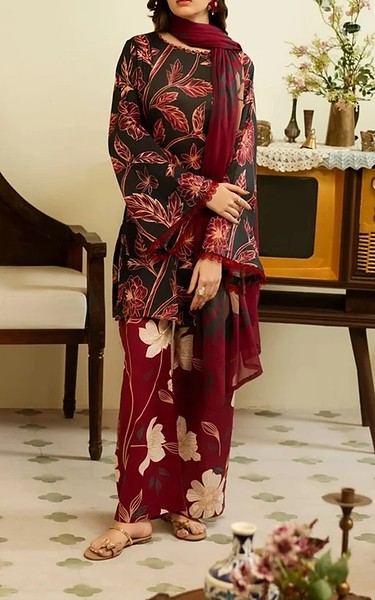 Feathers Lunar Green/Wine Red Lawn Suit | Pakistani Lawn Dress in USA- Image 1