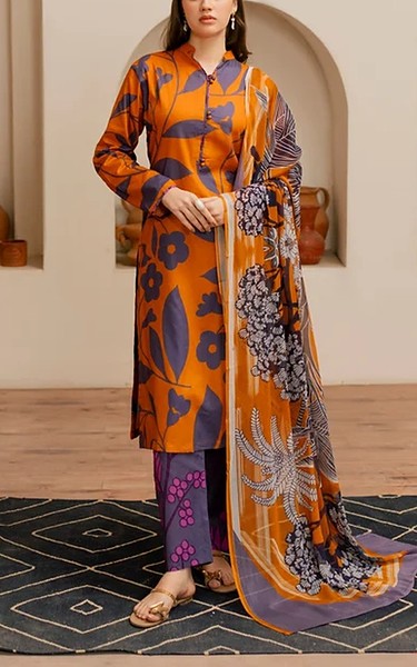 Feathers Dark Orange/Faded Purple Lawn Suit | Pakistani Lawn Dress in USA- Image 1