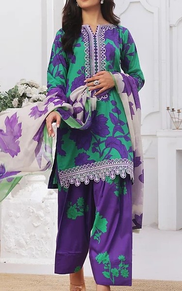 Feathers Emerald Green/Blueberry Lawn Suit | Pakistani Lawn Dress in USA- Image 1