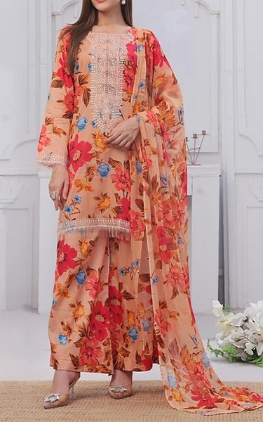 Feathers Peach Lawn Suit | Pakistani Lawn Dress in USA- Image 1